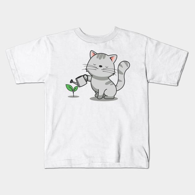 Cute Cat Watering Plants Kids T-Shirt by Luna Illustration